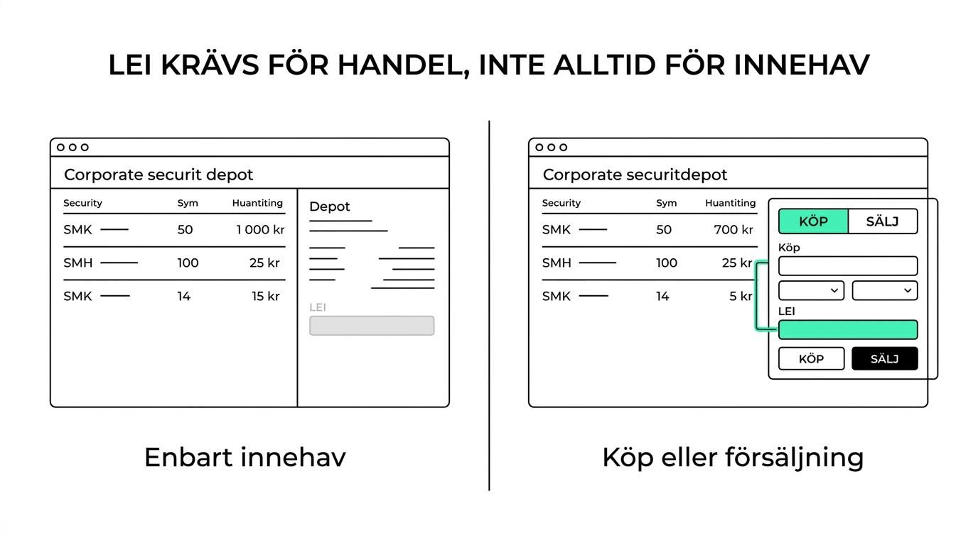 Jämförelse mellan företagsdepå för aktiv handel där LEI krävs och passivt innehav där LEI inte alltid krävs.