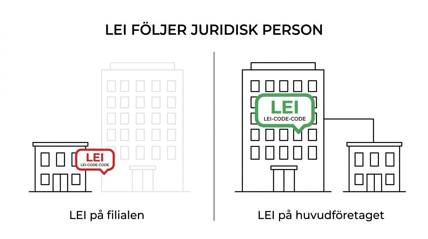 Jämförelse mellan svensk filial som använder utländskt huvudkontors LEI och svenskt dotterbolag som använder egen LEI.