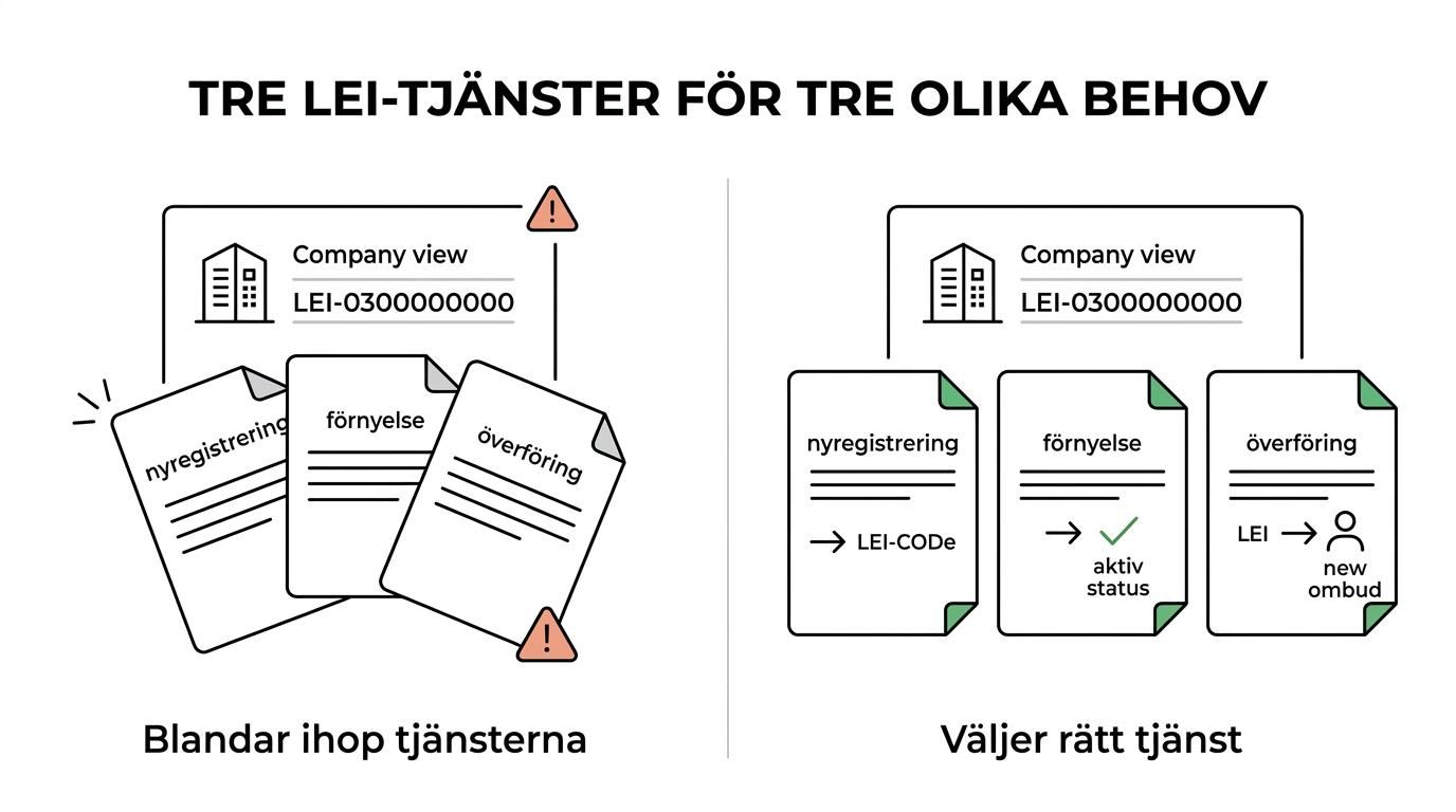 Jämförelse mellan nyregistrering, förnyelse och överföring av LEI-kod, med deras olika syften för svenska bolag.