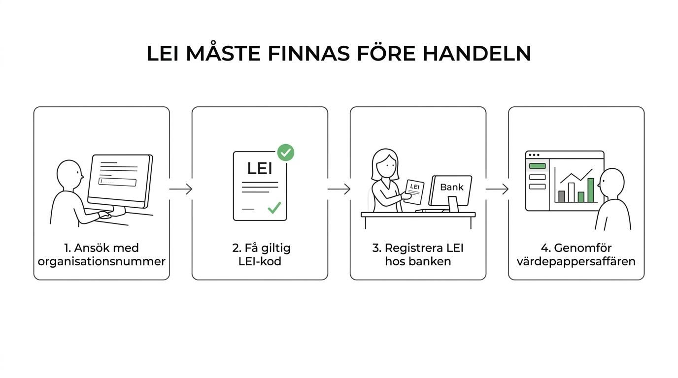 Ett steg-för-steg-diagram som visar företagets väg från värdepappersaffär via LEI-ansökan till registrering hos Handelsbanken.
