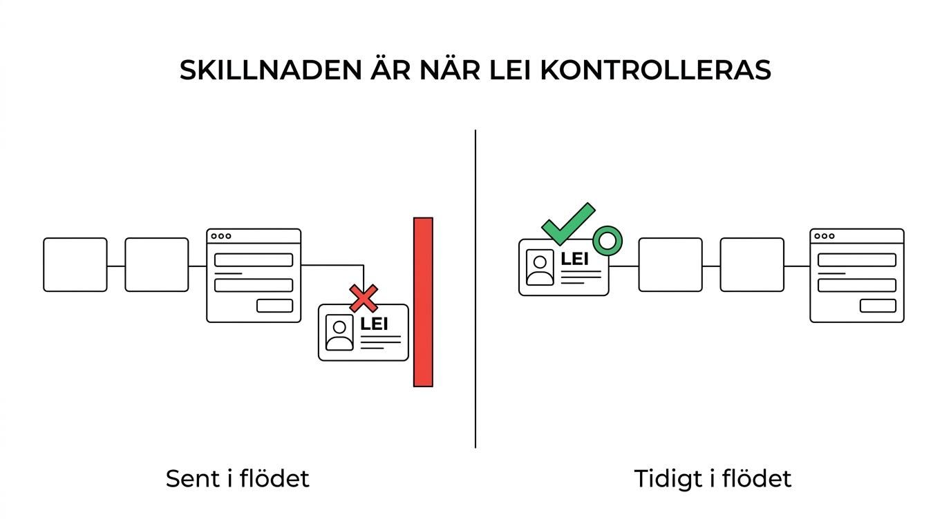 Jämförelse mellan bank och broker som visar manuell LEI-kontroll hos bank och automatiskt orderstopp hos broker.