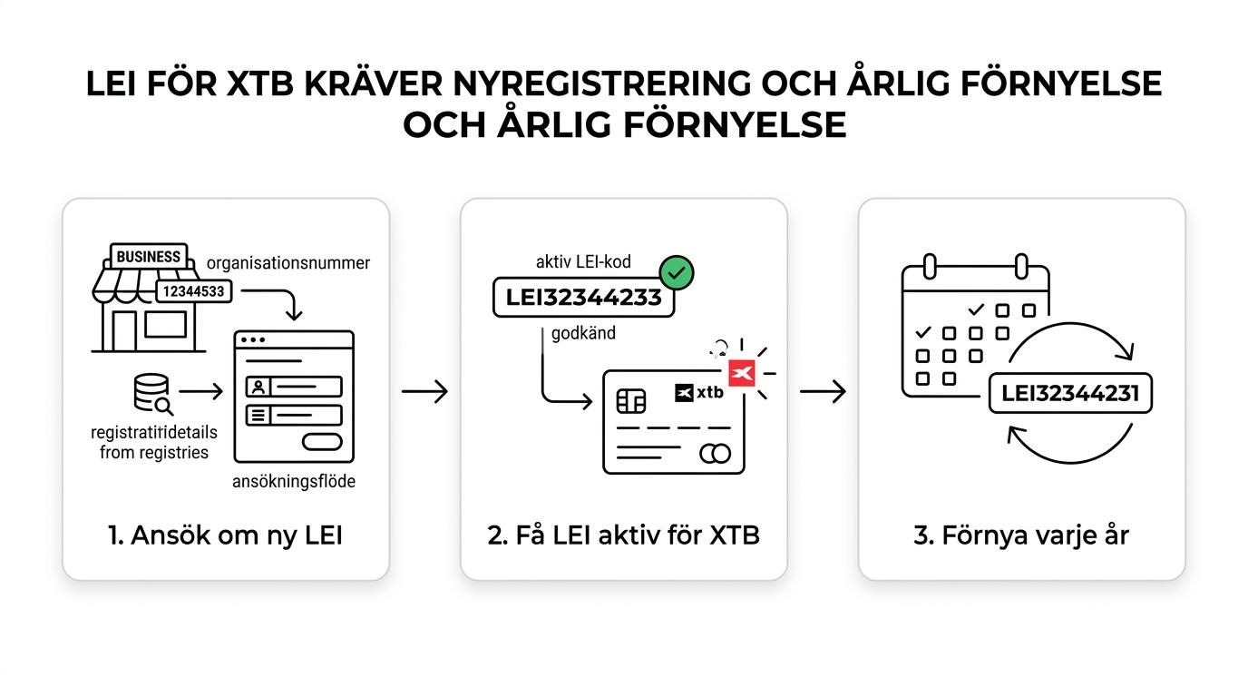 Ett enkelt steg-för-steg-flöde för ett svenskt bolag: ansökan om LEI med organisationsnummer, verifiering, aktiv LEI för XTB-handel och årlig förnyelse.