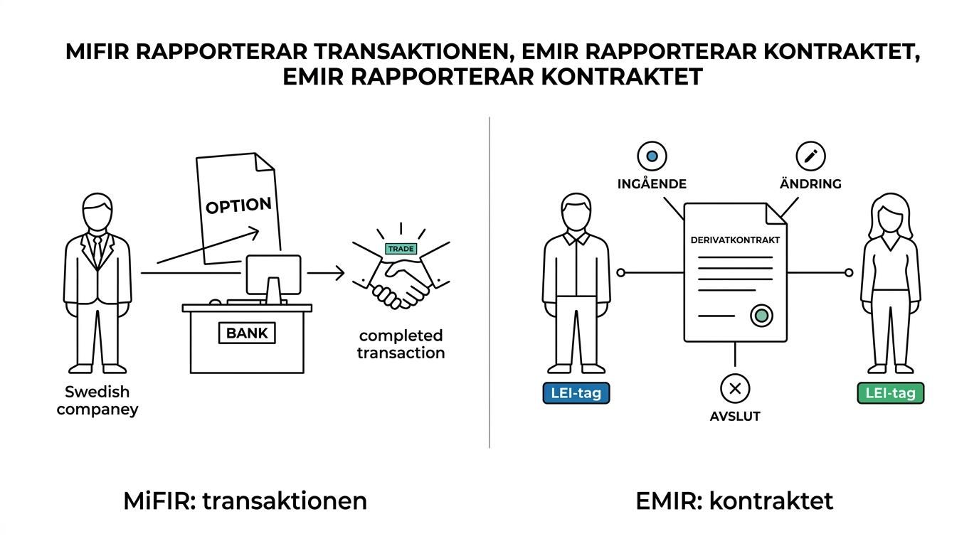 Jämförelse sida vid sida mellan MiFIR och EMIR för optionshandel, med vad som rapporteras, vem som använder LEI och när reglerna typiskt gäller.