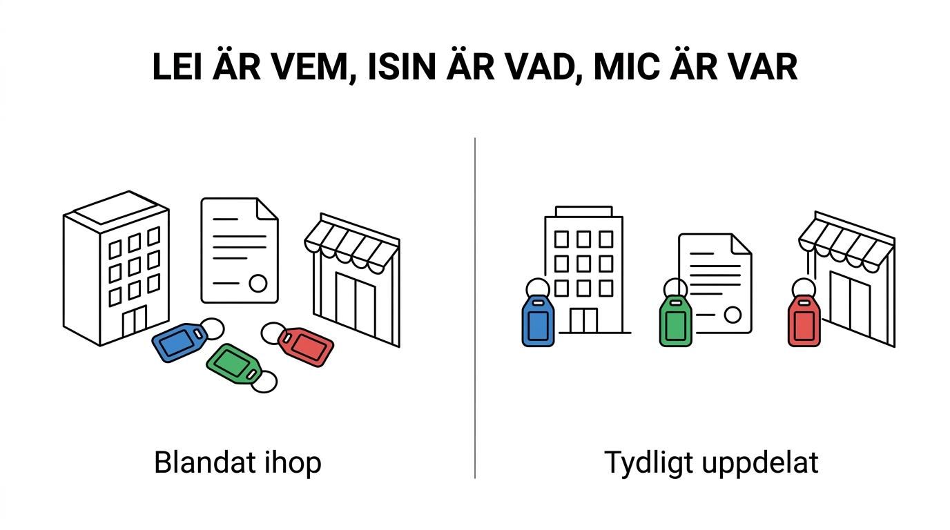 Jämförelse mellan LEI för juridisk person, ISIN för finansiellt instrument och MIC för handelsplats.