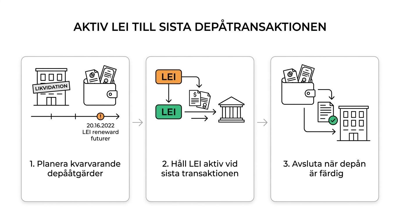 Flöde som visar ett bolag i likvidation från kontroll av depåinnehav och möjliga transaktioner till aktiv LEI för sista affären och därefter avregistrering.