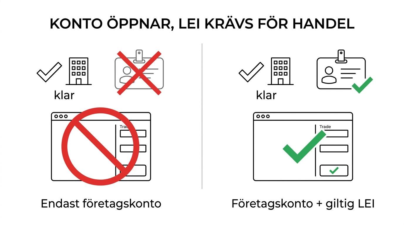 En jämförelse som visar företagskonto hos Saxo Bank på ena sidan och giltig LEI-kod via LEI Service på den andra.