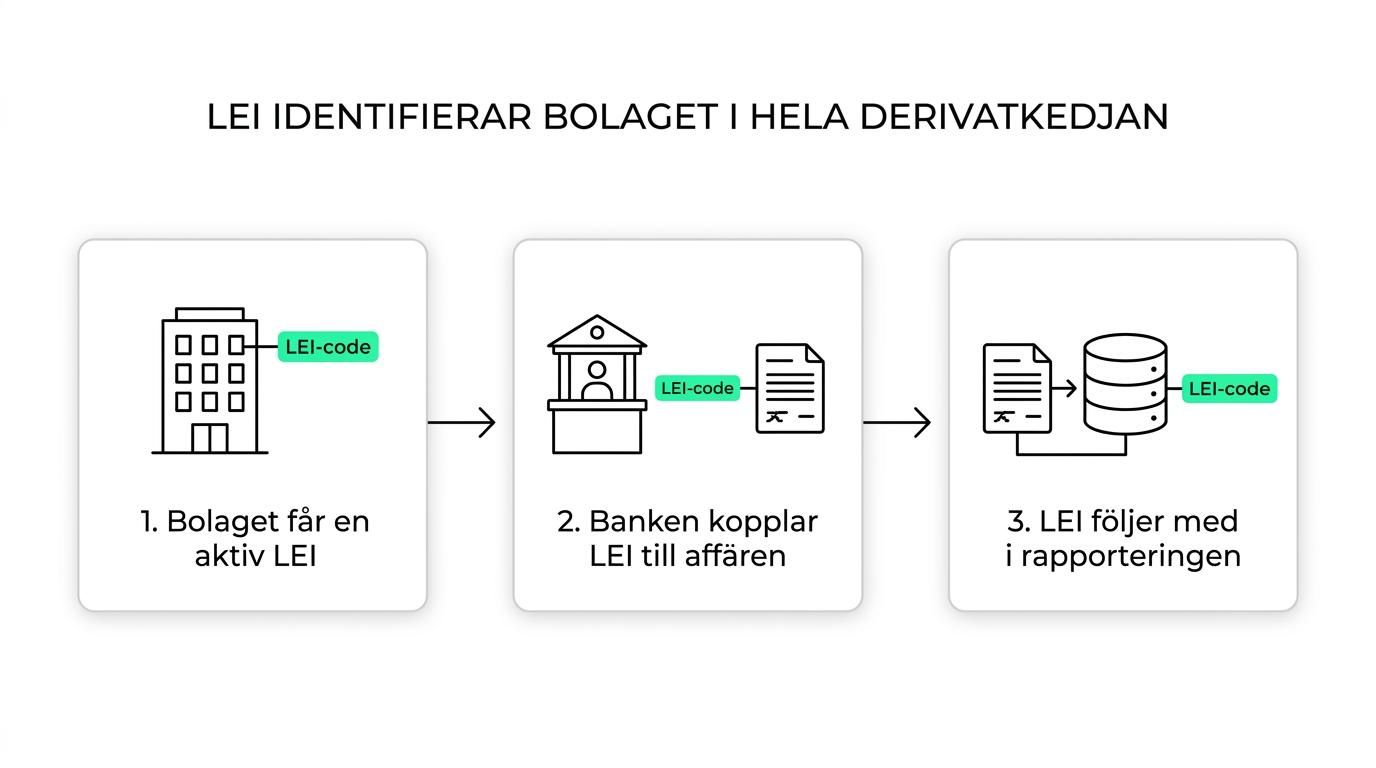 Processdiagram som visar ett företags aktiva LEI från bankens onboarding via terminsaffär till EMIR-rapportering, trade repository och löpande förnyelse.