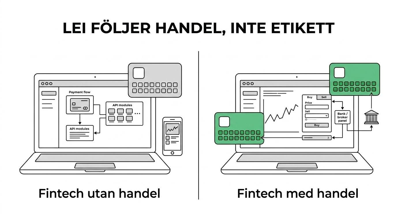 Jämförelse mellan ett handelsnära fintechbolag som behöver LEI och ett renodlat SaaS-fintechbolag som normalt inte behöver det.