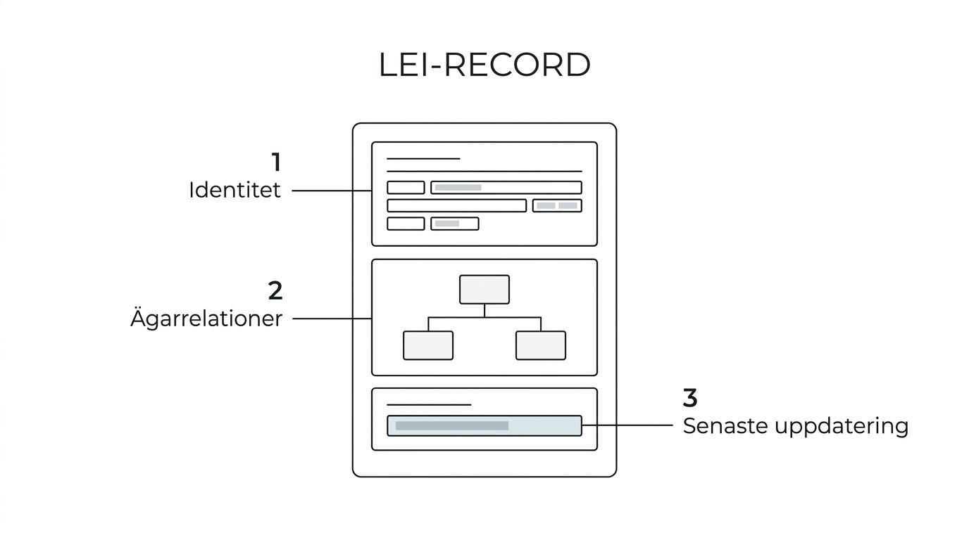Illustration av en LEI-record uppdelad i Level 1-data, Level 2-relationer och metadata som LastUpdateDate.