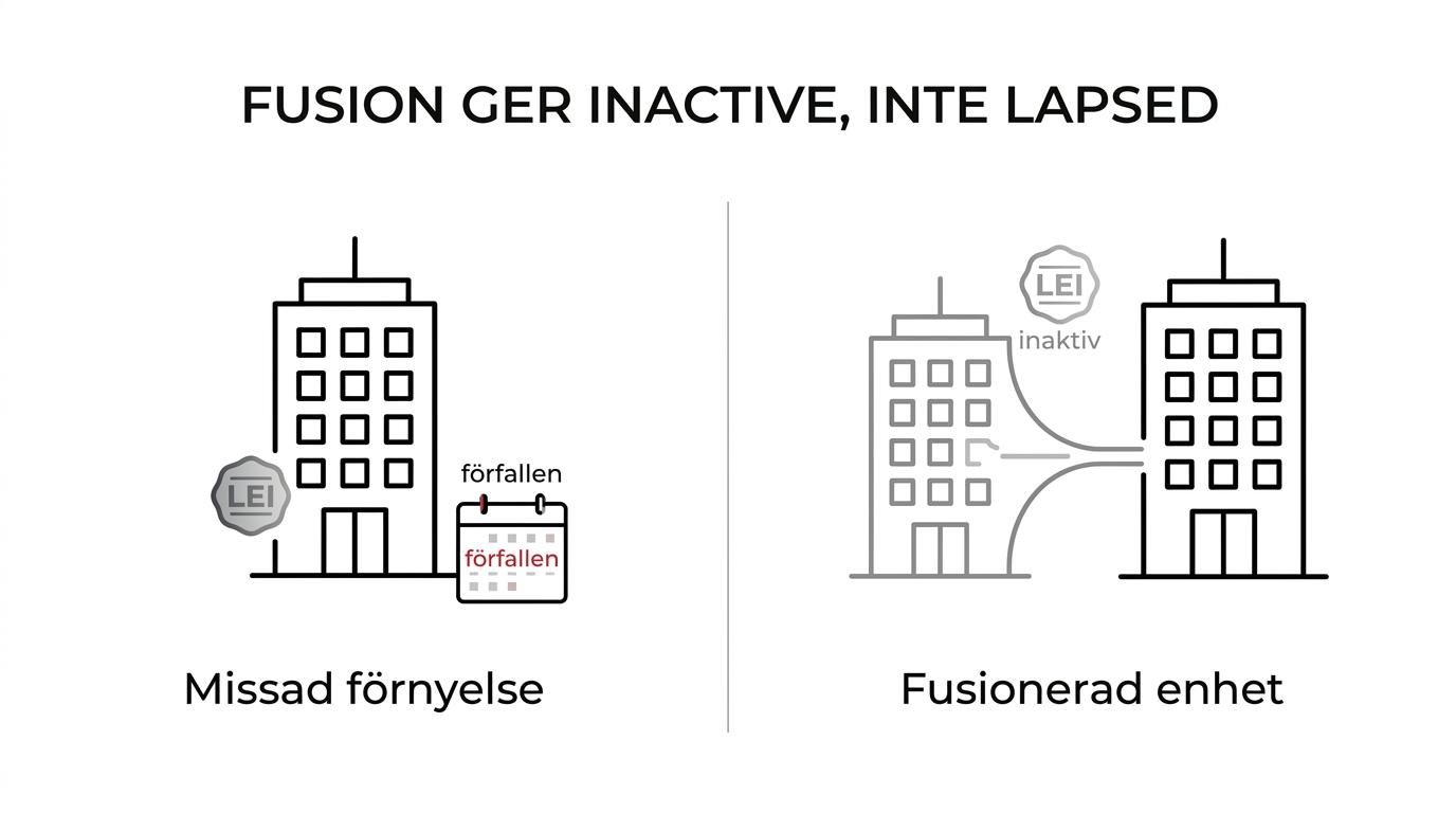 Jämförelse mellan LEI-statusen LAPSED för ett bolag som fortfarande finns kvar och INACTIVE för ett bolag som upphört genom fusion.