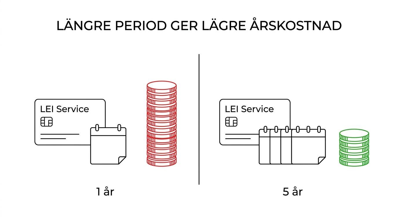 Jämförelse av LEI Service för 1, 3 och 5 år med samma tjänster och olika priser i SEK.