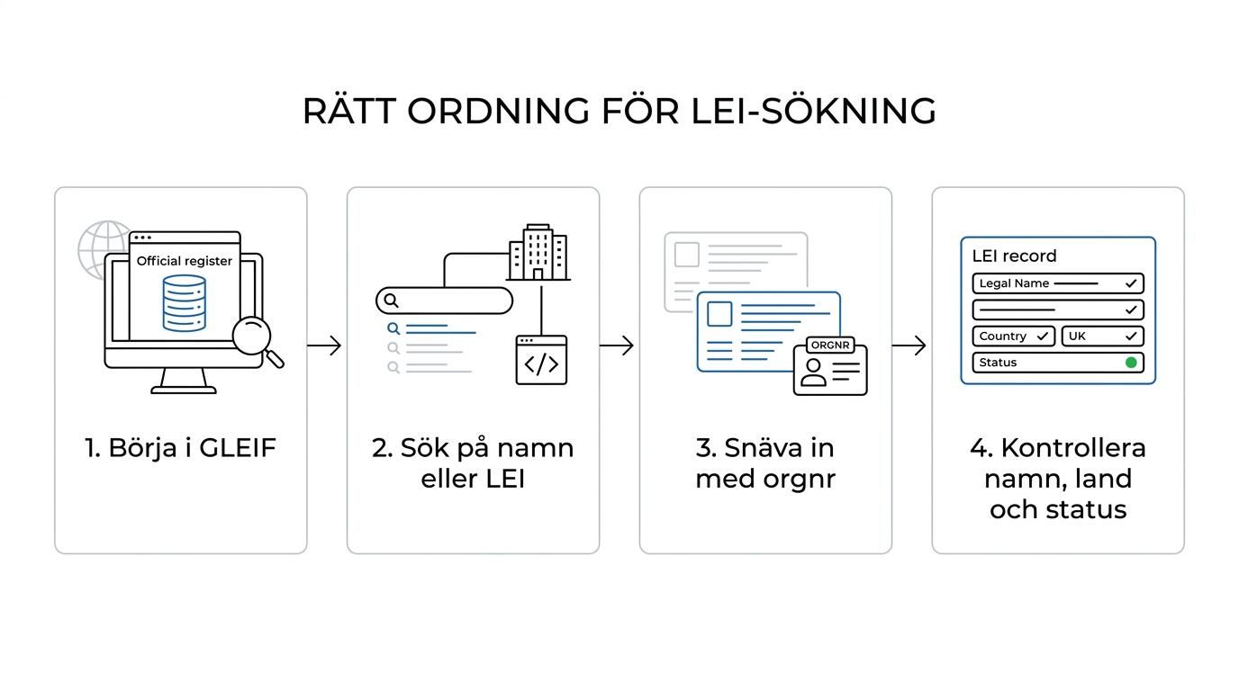 Flöde för att hitta en LEI-kod: börja i GLEIF, sök med företagsnamn, LEI-nummer eller organisationsnummer, kontrollera namn, land och status, och avgör om förnyelse eller ny registrering behövs.