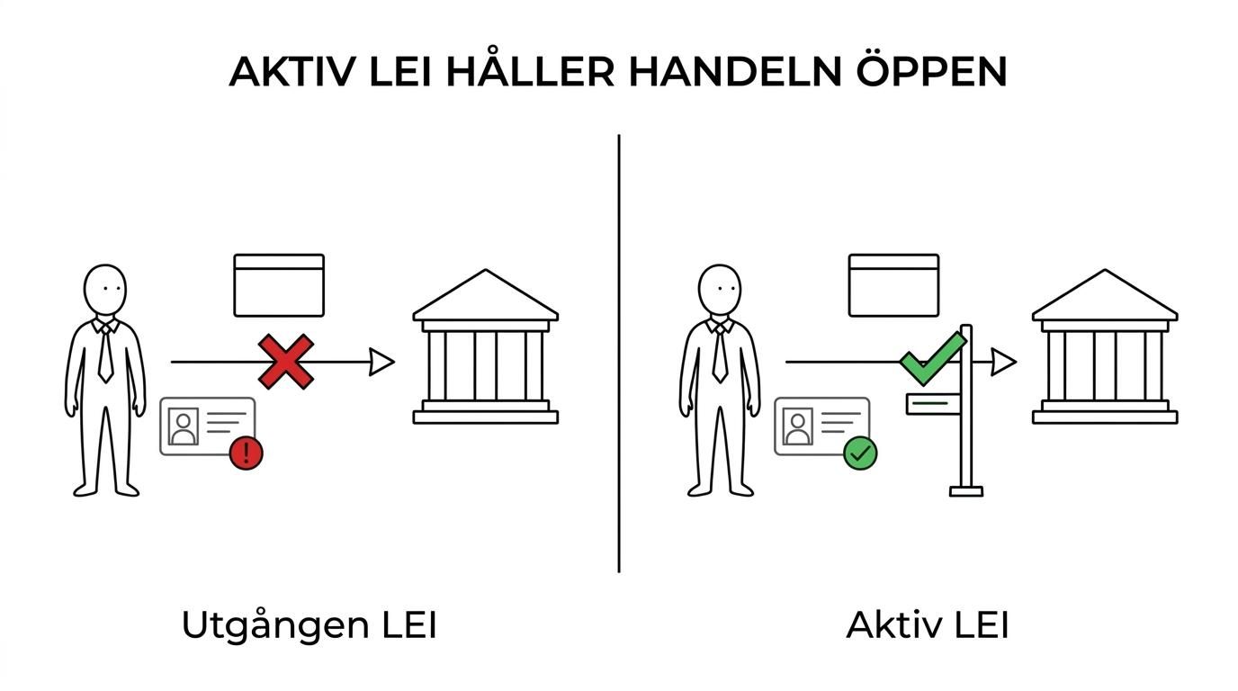 Jämförelse mellan en aktiv LEI som godtas i handel och rapportering och en lapsed LEI som leder till stopp, manuell kontroll och förseningar.