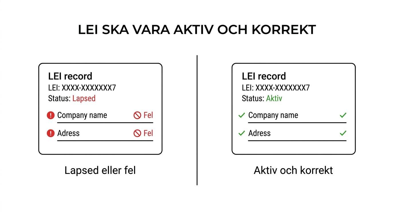 Jämförelse mellan aktiv LEI, lapsed LEI och LEI med felaktiga bolagsuppgifter.