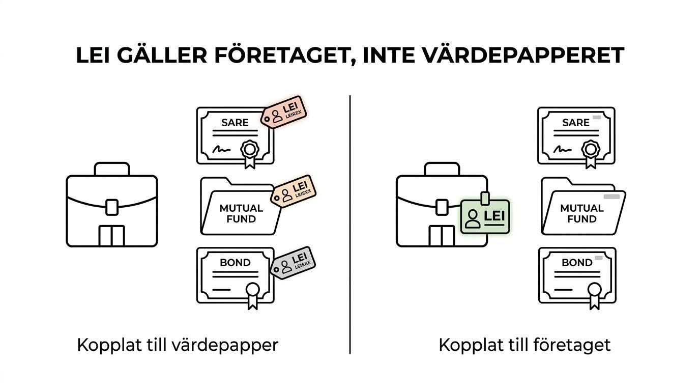 Jämförelse som visar LEI kopplat till ett företag och separata instrumentkoder kopplade till aktier, fonder och obligationer.