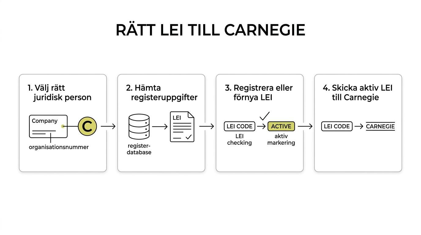 Flow showing LEI Service steps: identify the legal entity, pull registry data, check LEI status, and deliver a valid LEI ready to report to Carnegie.