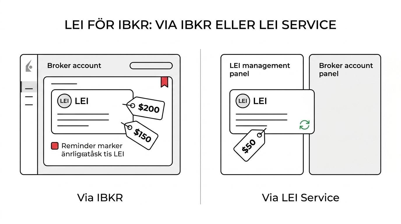 Jämförelse mellan Interactive Brokers och LEI Service för LEI-hantering med pris, förnyelse och överföring.