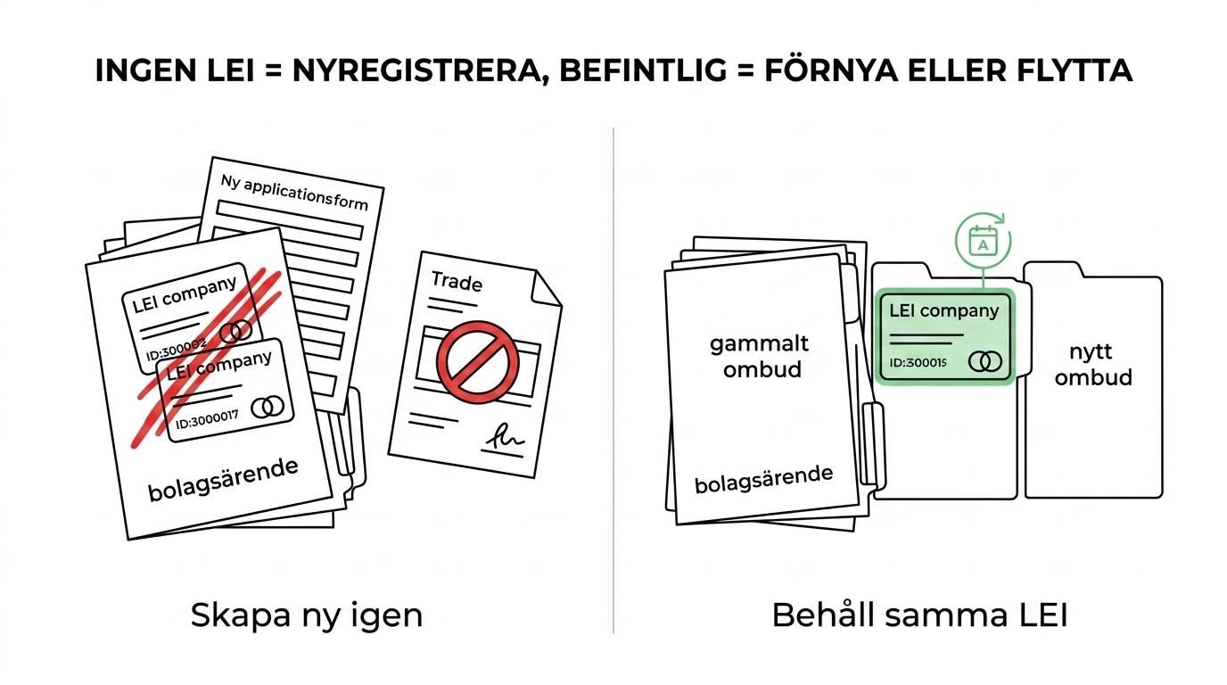 Jämförelse mellan nyregistrering, förnyelse och överföring av LEI för svenska bolag.